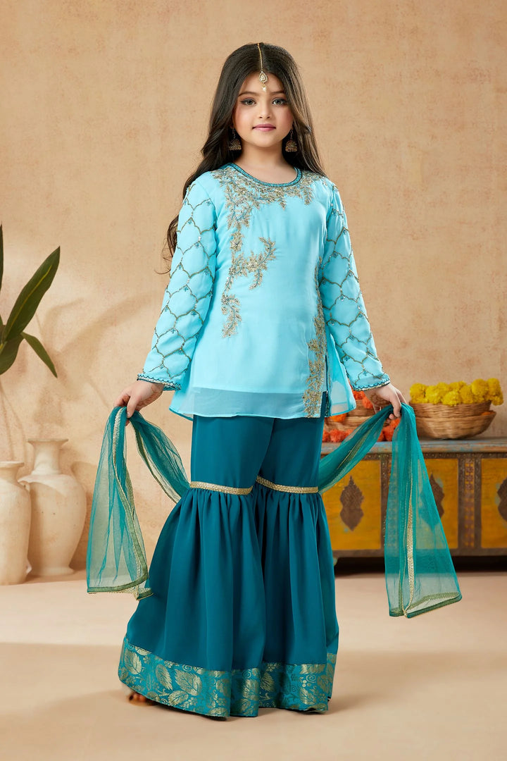 Sky Blue Embroidered Net A Line Kids Salwar Suit