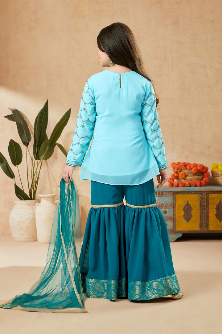 Sky Blue Embroidered Net A Line Kids Salwar Suit