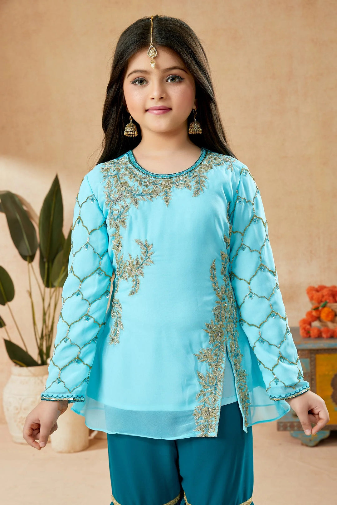 Sky Blue Embroidered Net A Line Kids Salwar Suit