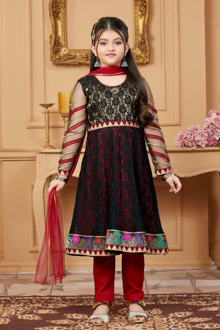 Black Embroidered Net A Line Kids Salwar Suit