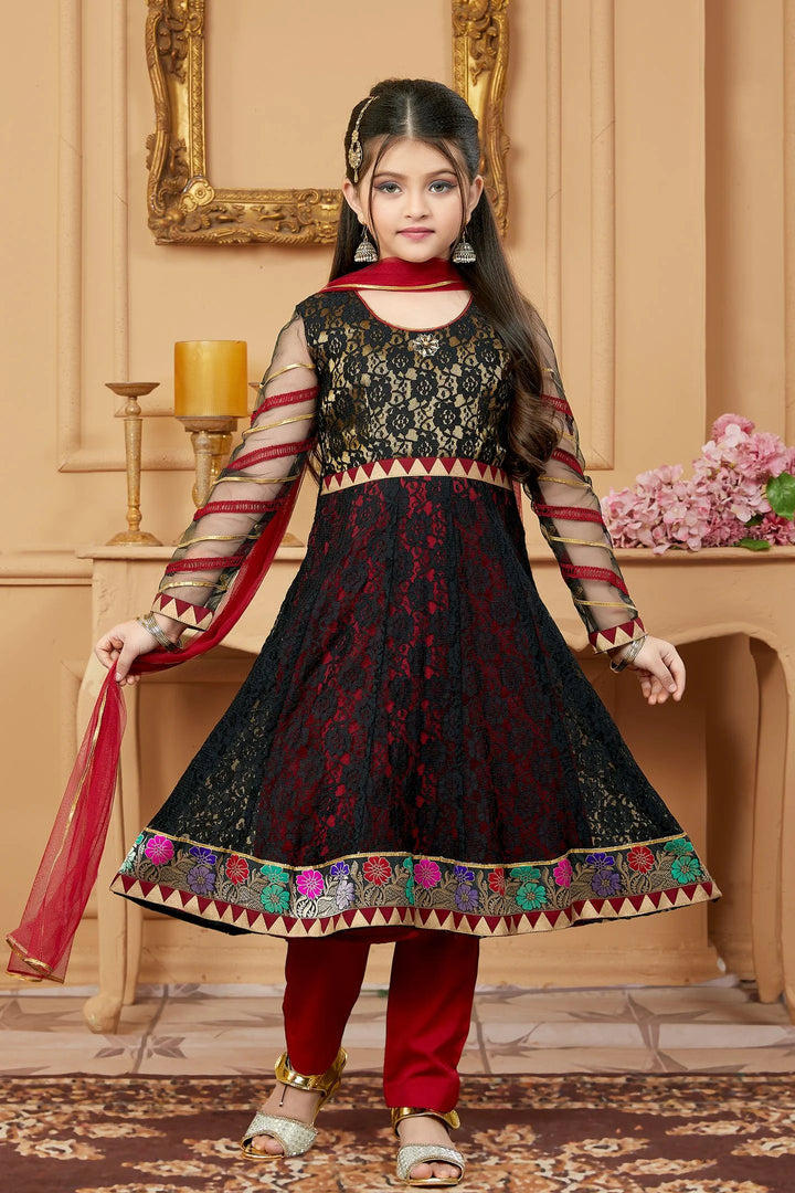 Black Embroidered Net A Line Kids Salwar Suit