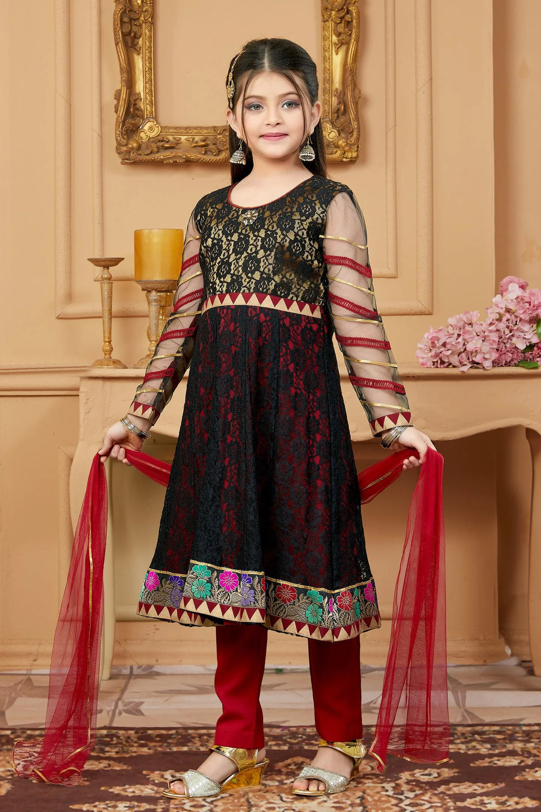 Black Embroidered Net A Line Kids Salwar Suit