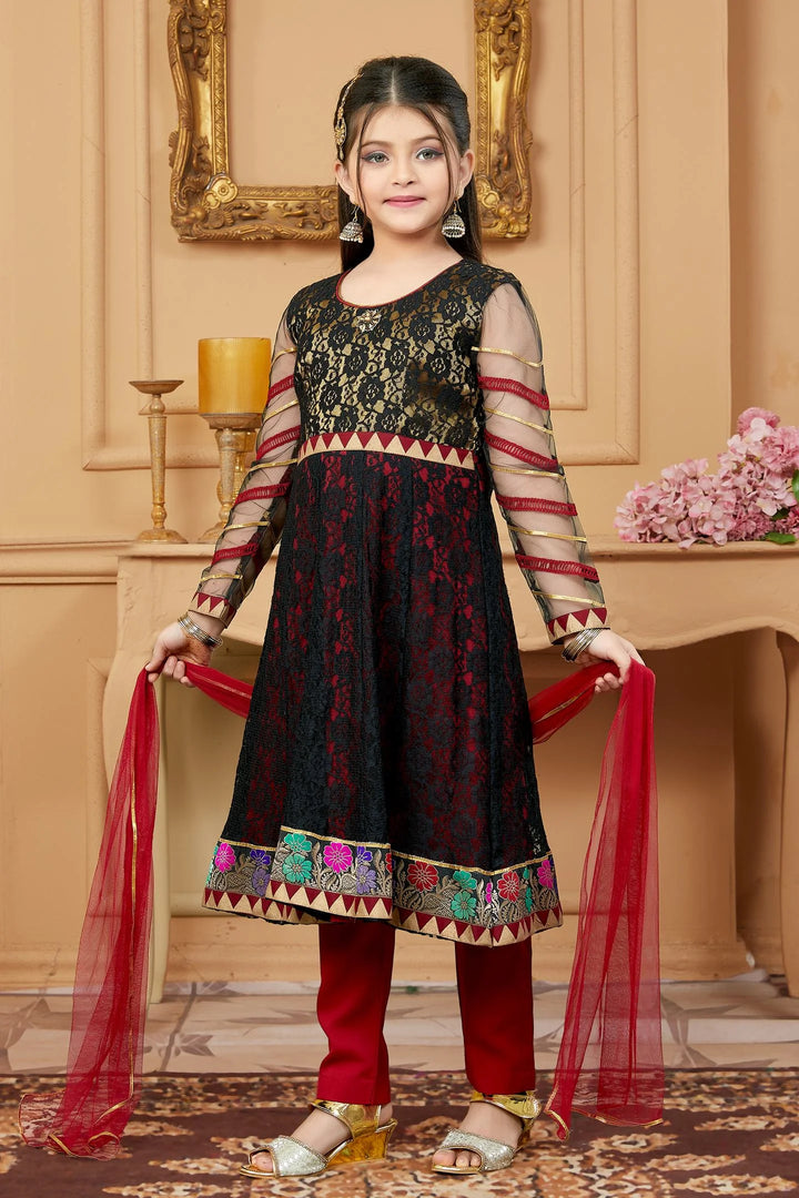 Black Embroidered Net A Line Kids Salwar Suit