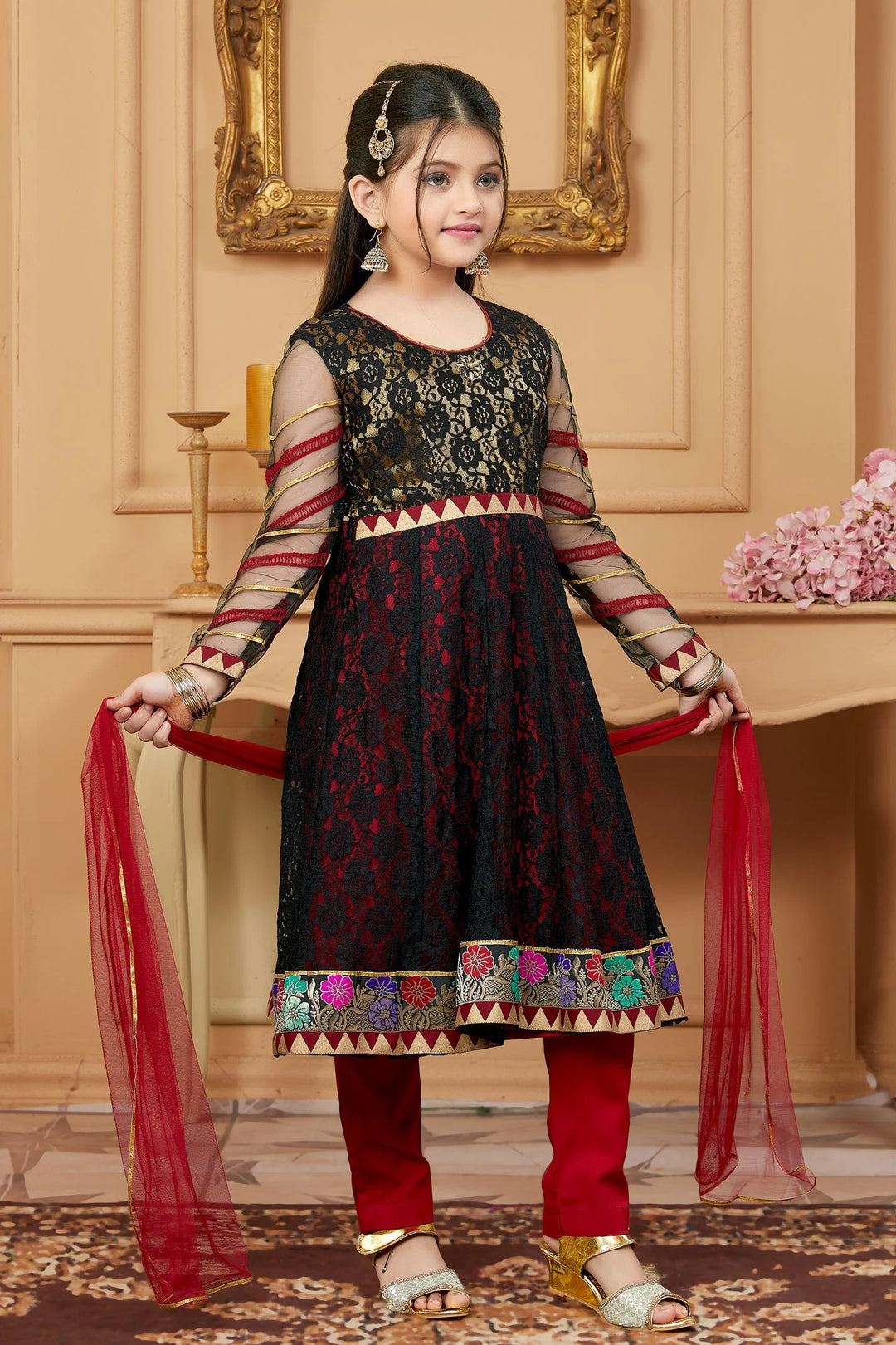 Black Embroidered Net A Line Kids Salwar Suit