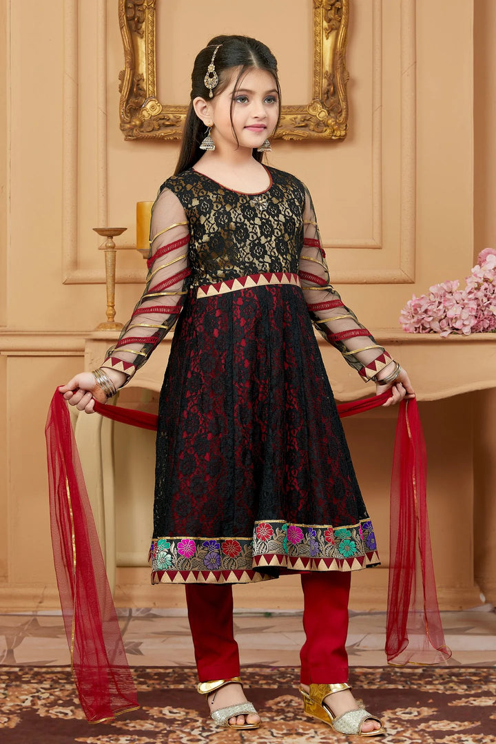 Black Embroidered Net A Line Kids Salwar Suit