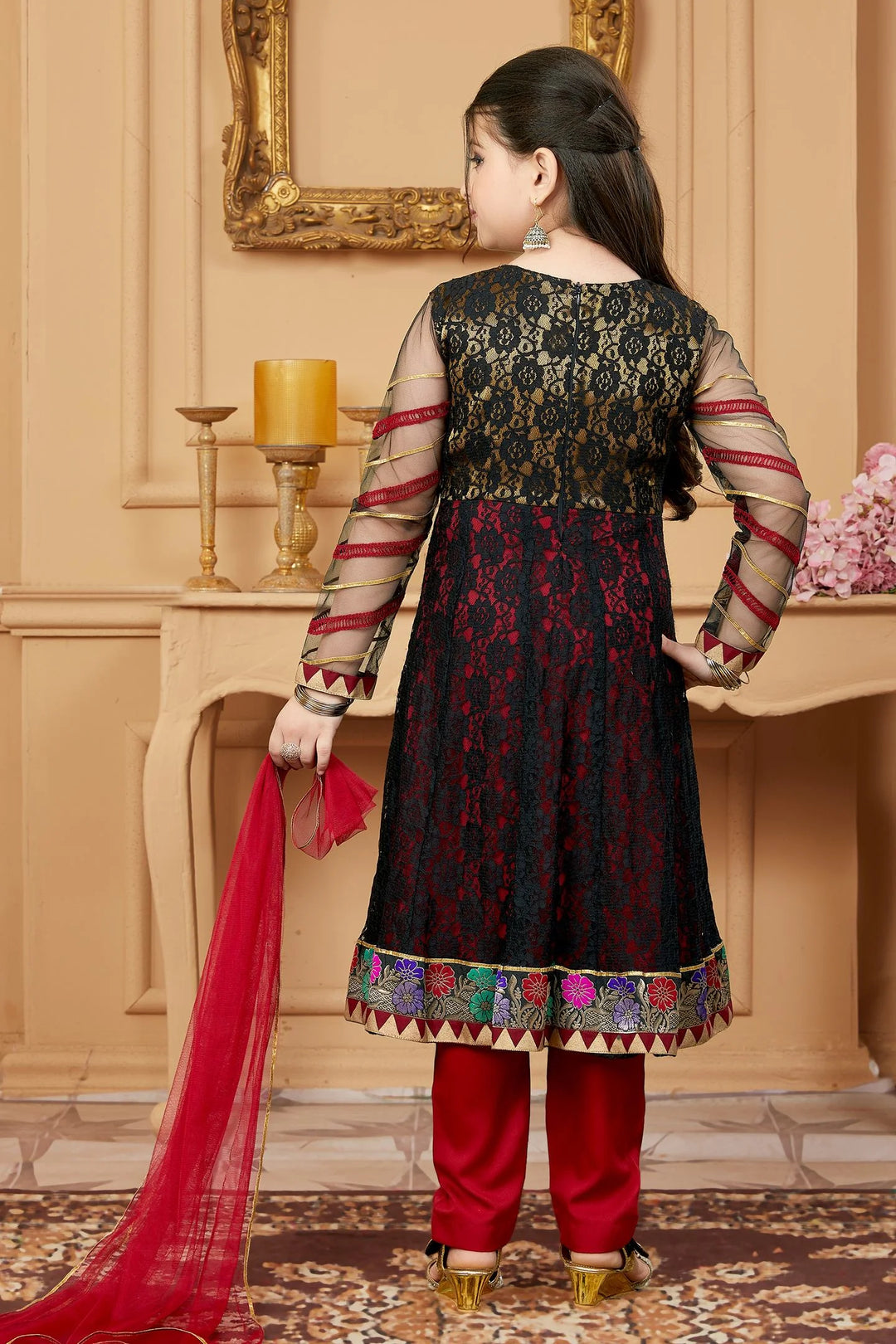Black Embroidered Net A Line Kids Salwar Suit