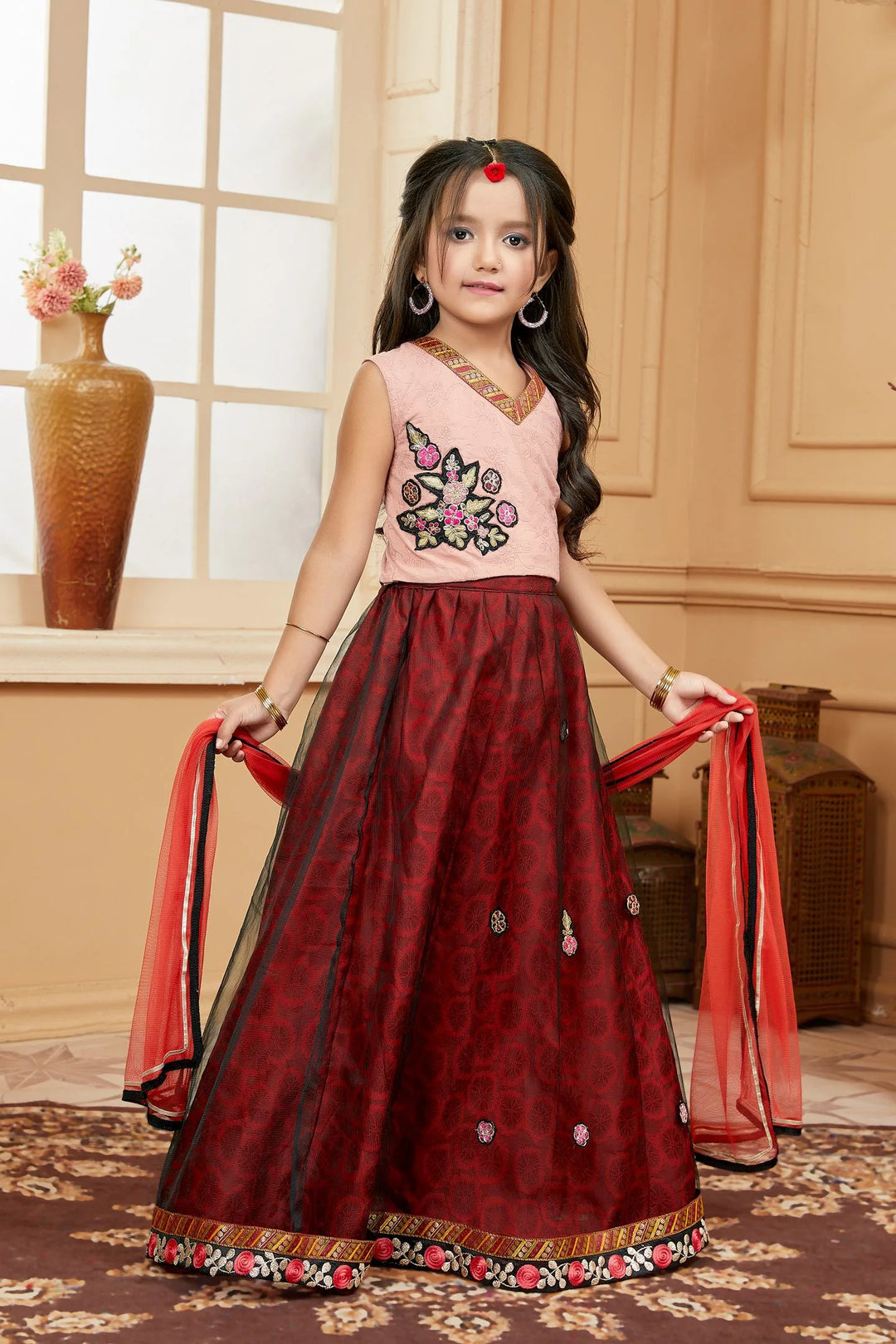 Peach Embroidered Art Silk A Line Lehenga Choli Dupatta