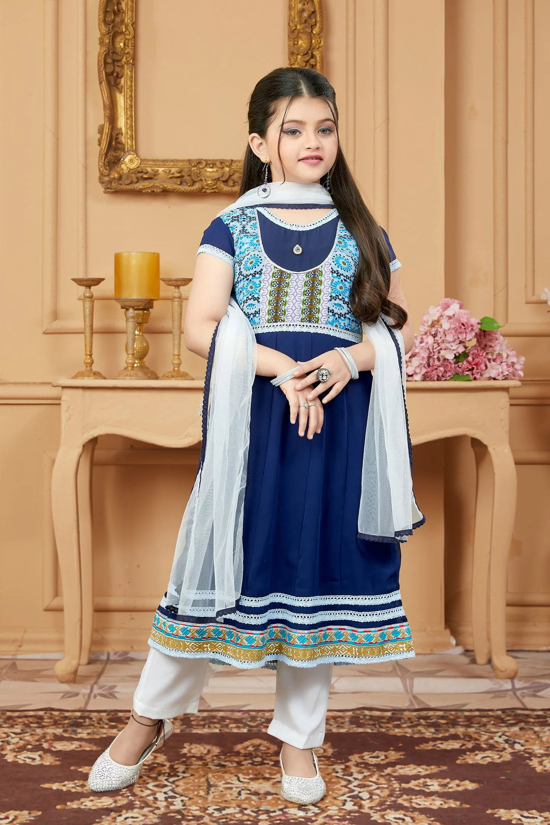 Navy Blue Embroidered Net A Line Kids Salwar Suit