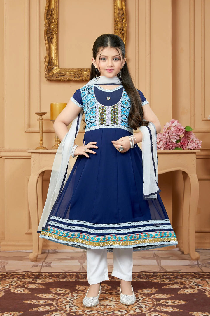 Navy Blue Embroidered Net A Line Kids Salwar Suit