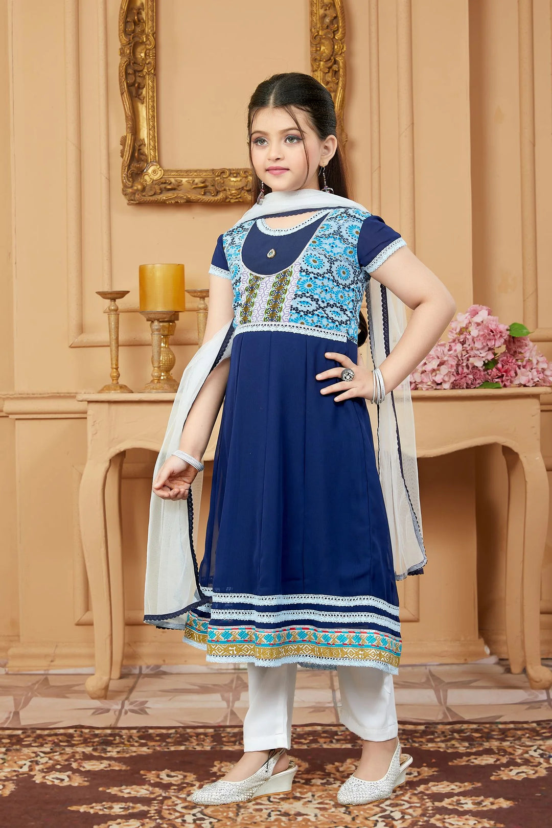 Navy Blue Embroidered Net A Line Kids Salwar Suit