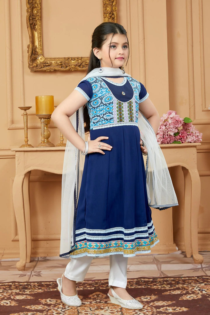 Navy Blue Embroidered Net A Line Kids Salwar Suit
