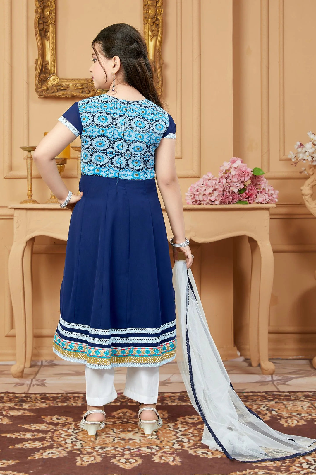 Navy Blue Embroidered Net A Line Kids Salwar Suit
