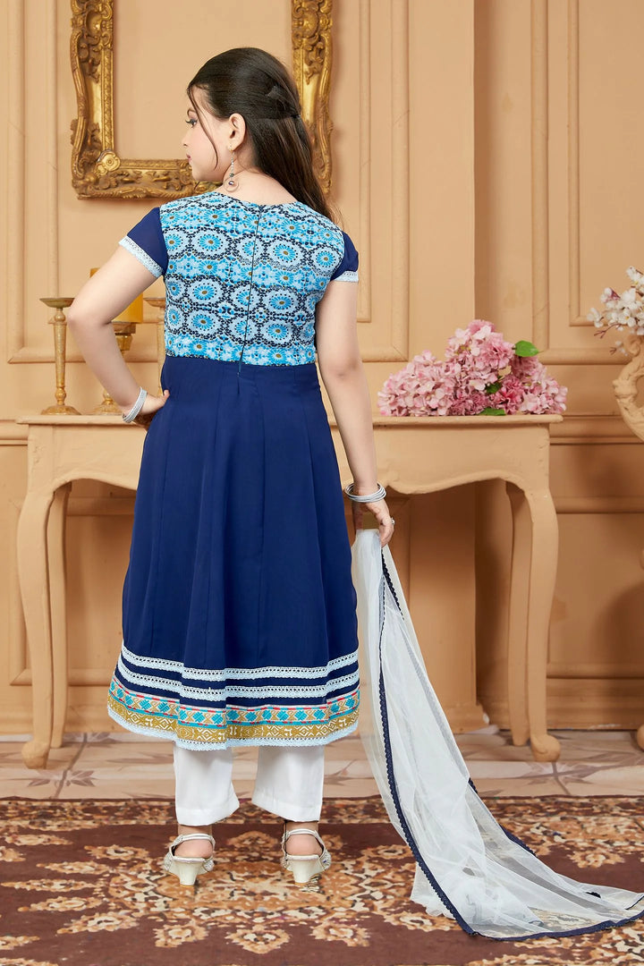 Navy Blue Embroidered Net A Line Kids Salwar Suit