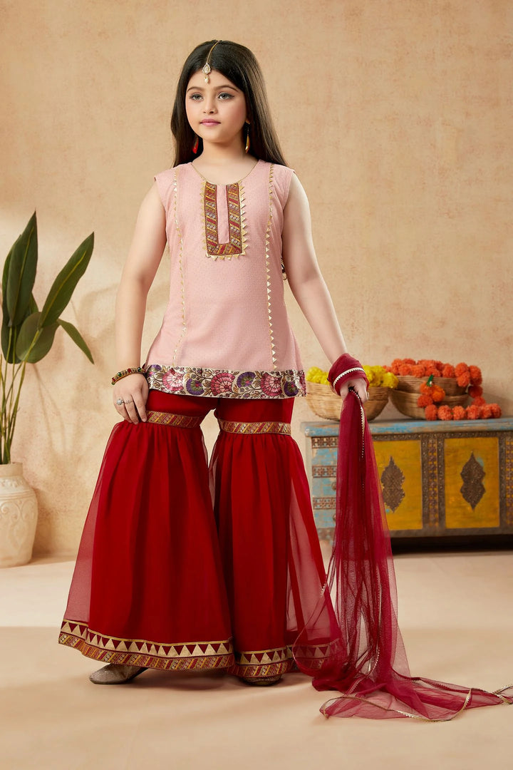 Peach Embroidered  Georgette Kids Salwar Suit