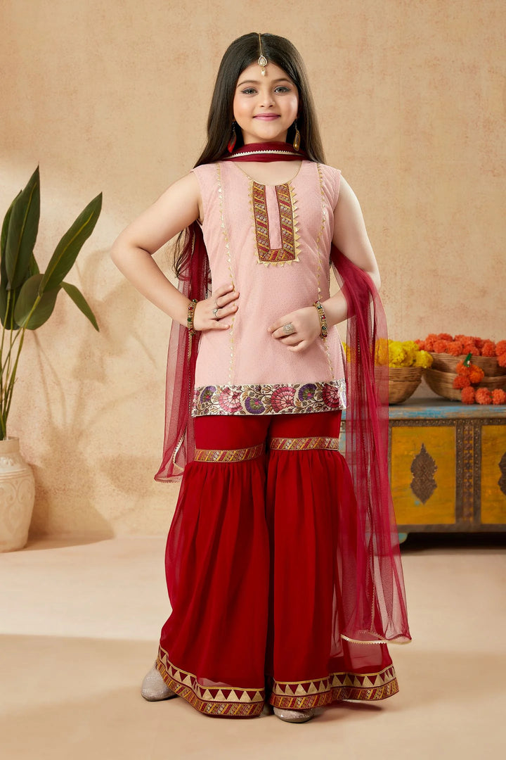 Peach Embroidered  Georgette Kids Salwar Suit