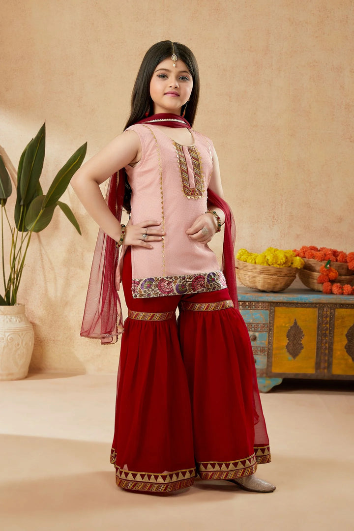 Peach Embroidered  Georgette Kids Salwar Suit