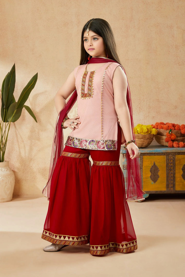 Peach Embroidered  Georgette Kids Salwar Suit