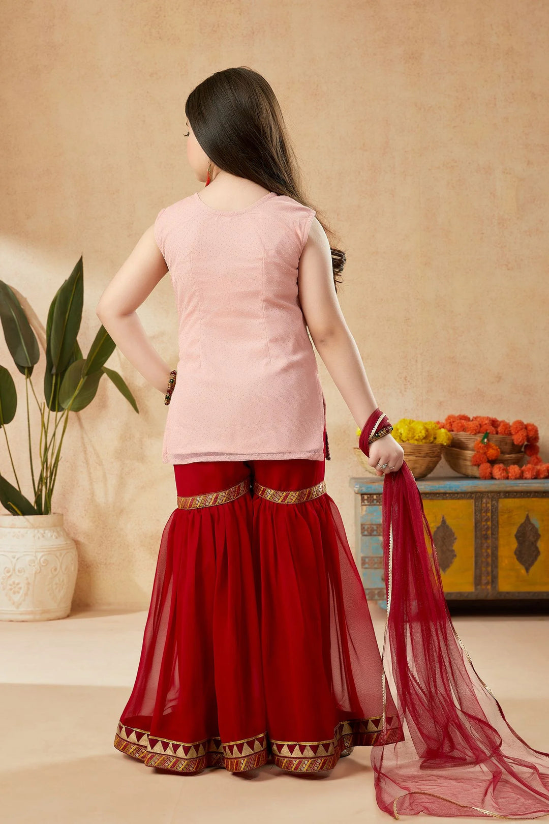 Peach Embroidered  Georgette Kids Salwar Suit