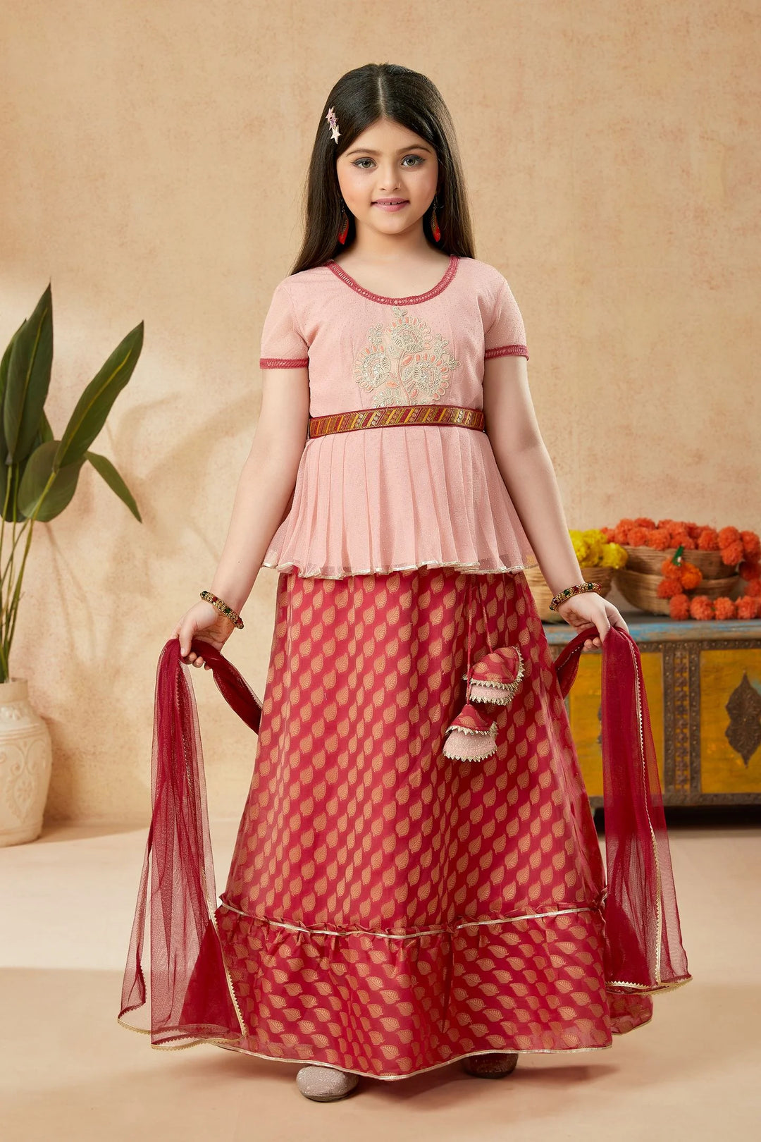 Peach Embroidered Art Silk A Line Lehenga Choli Dupatta