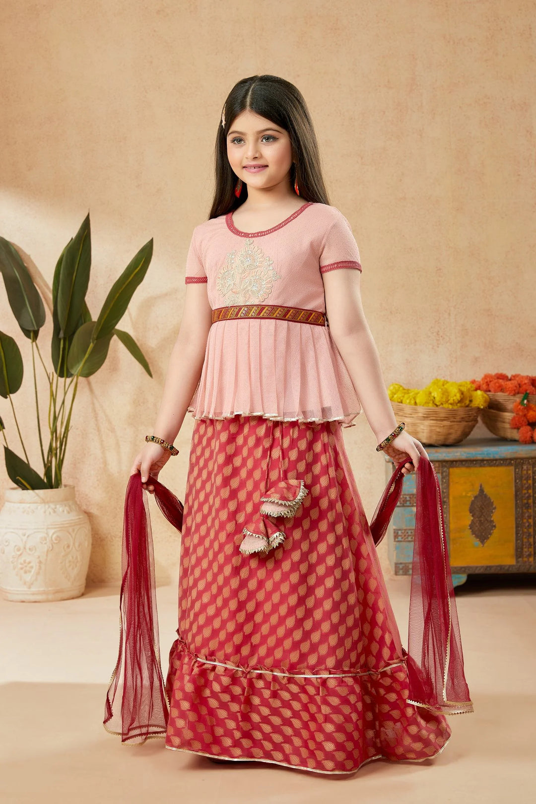 Peach Embroidered Art Silk A Line Lehenga Choli Dupatta