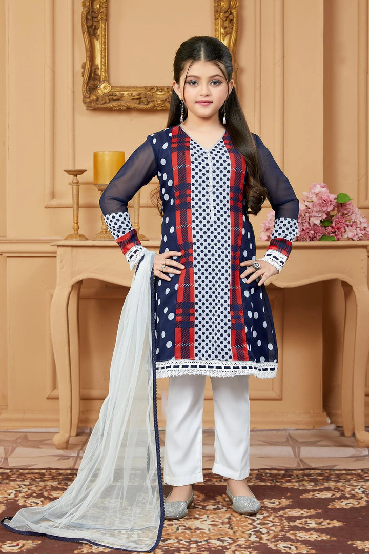 Navy Blue Embroidered Georgette Straight Kids Salwar Suit