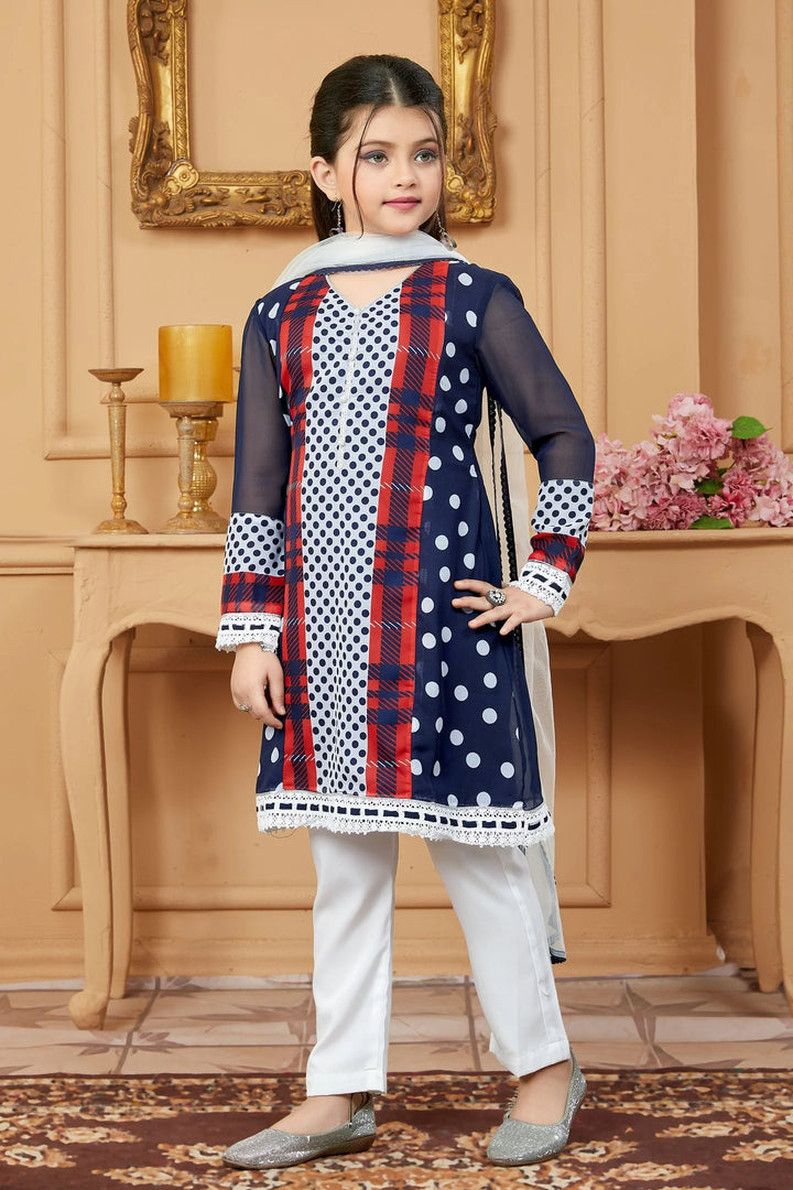 Navy Blue Embroidered Georgette Straight Kids Salwar Suit