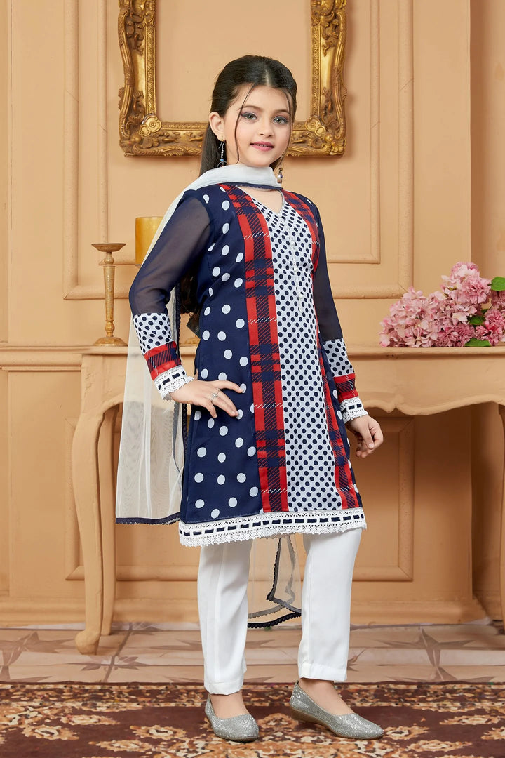Navy Blue Embroidered Georgette Straight Kids Salwar Suit