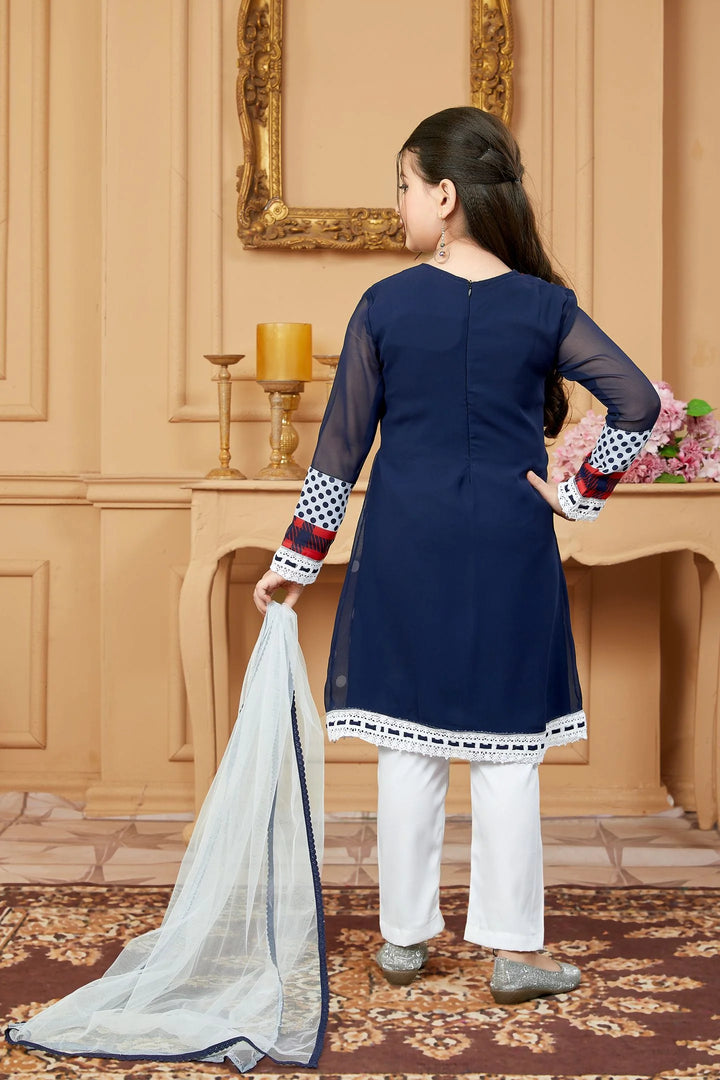 Navy Blue Embroidered Georgette Straight Kids Salwar Suit
