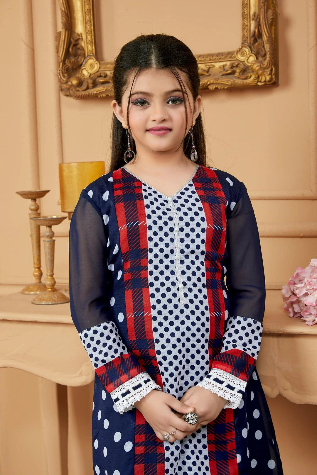 Navy Blue Embroidered Georgette Straight Kids Salwar Suit