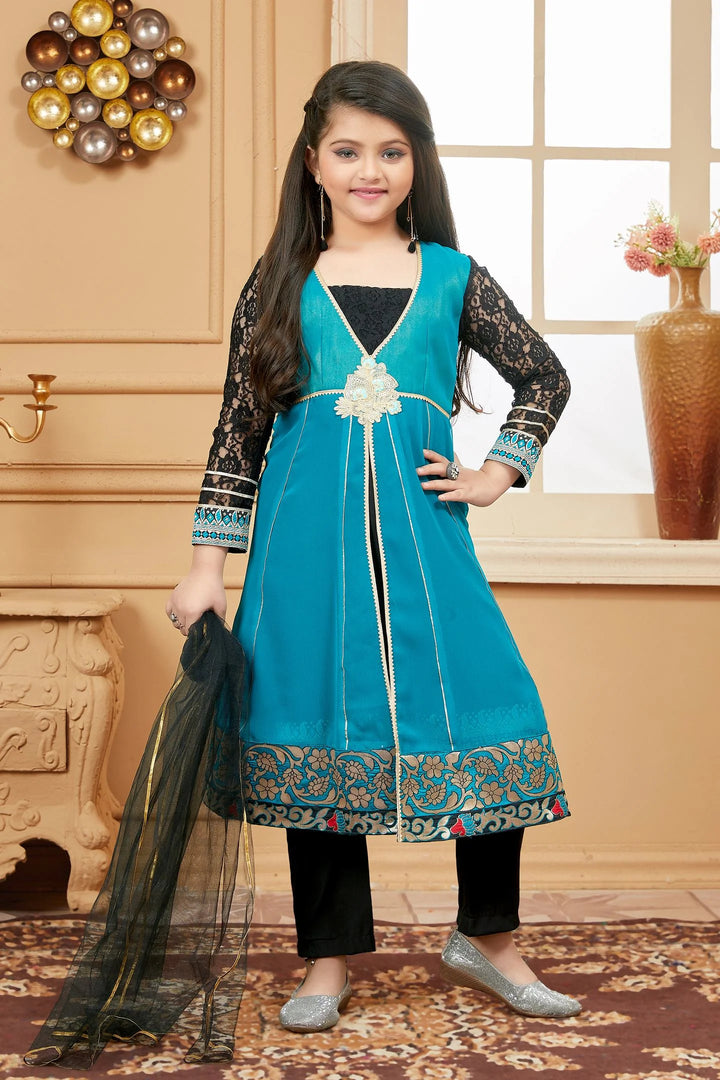 Green Embroidered Georgette Straight Kids Salwar Suit