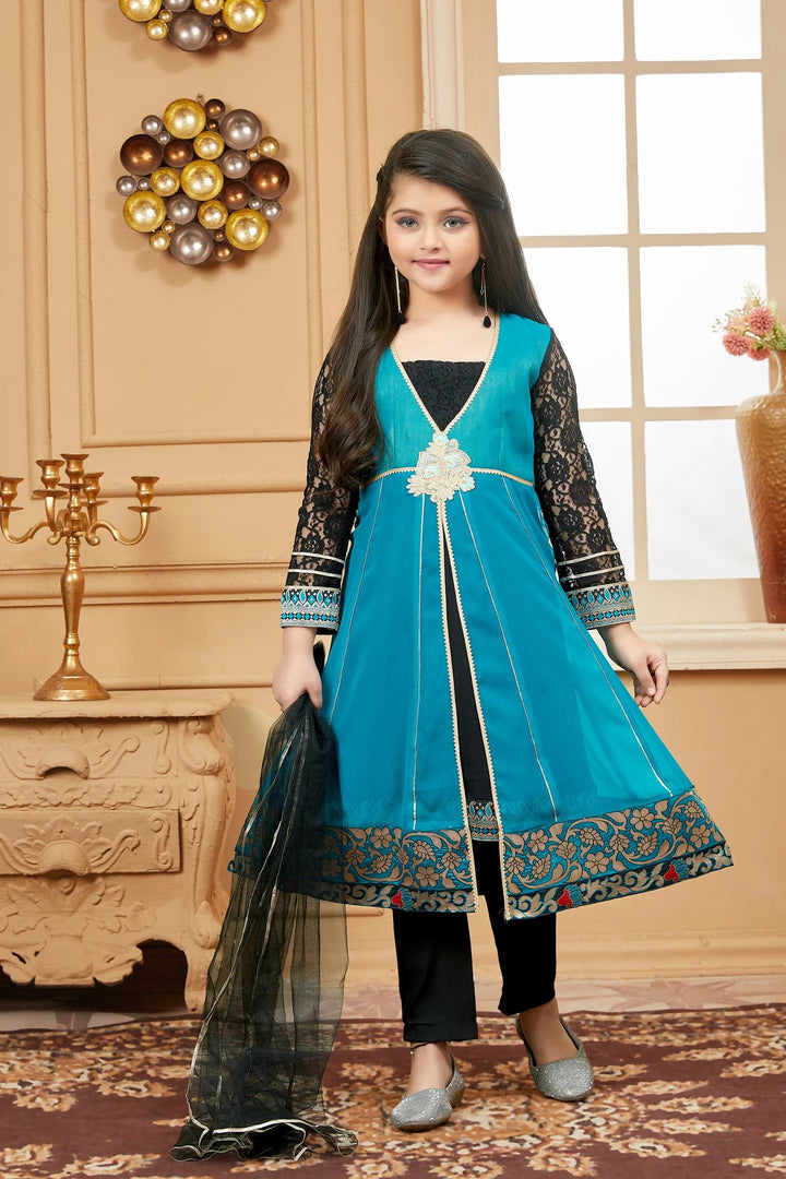 Green Embroidered Georgette Straight Kids Salwar Suit