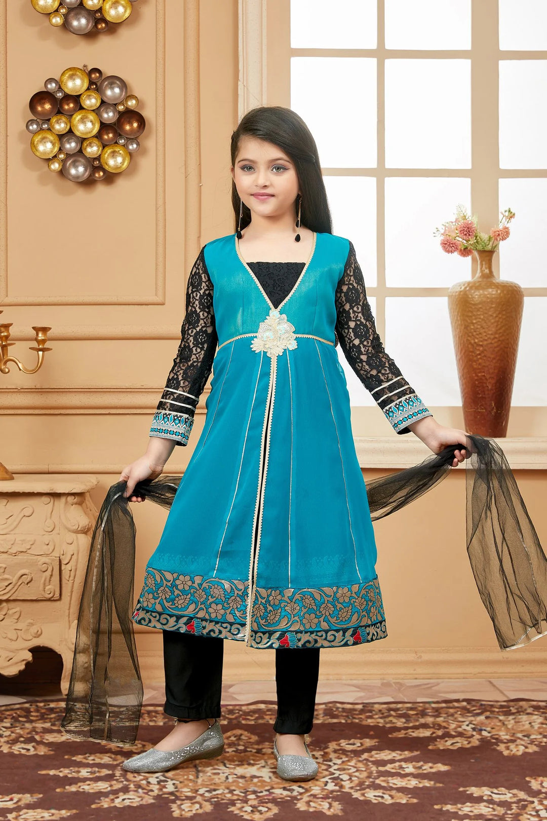 Green Embroidered Georgette Straight Kids Salwar Suit
