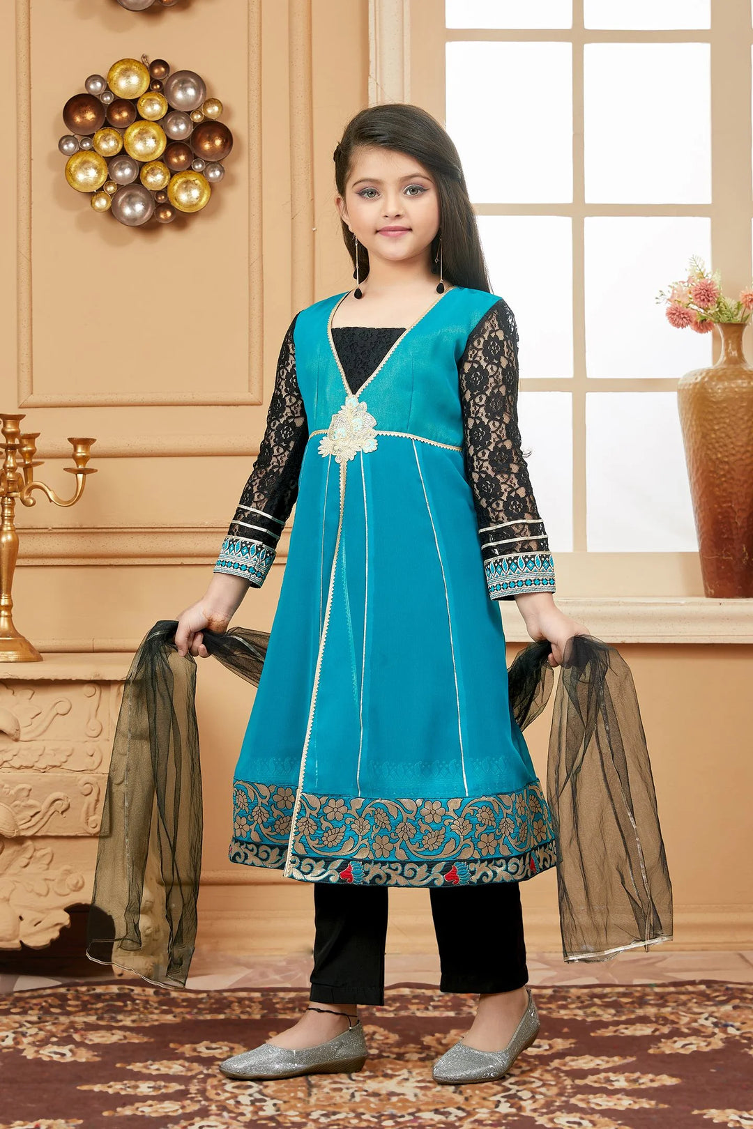 Green Embroidered Georgette Straight Kids Salwar Suit
