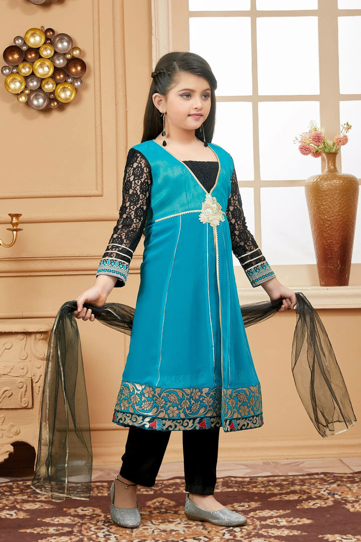 Green Embroidered Georgette Straight Kids Salwar Suit