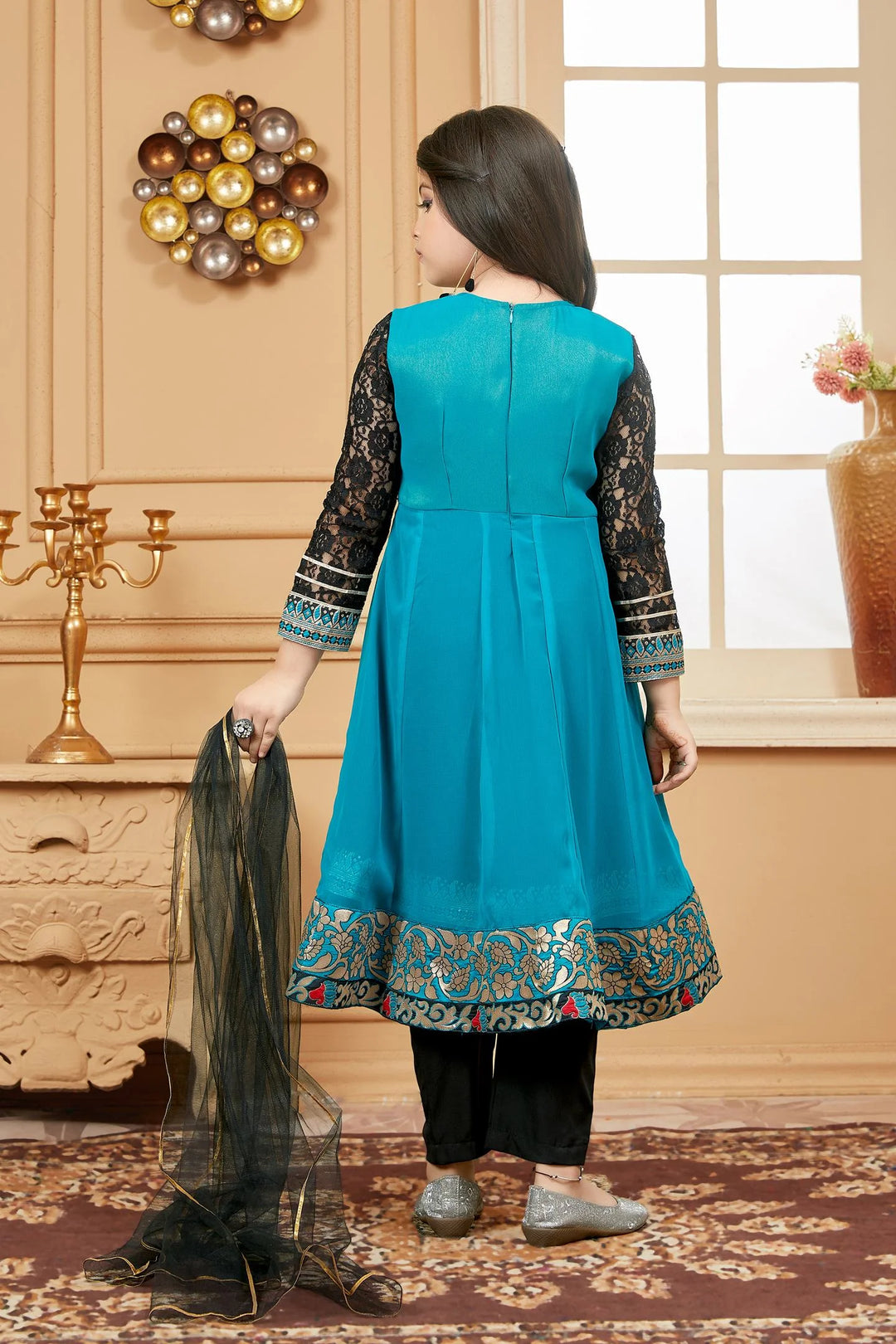 Green Embroidered Georgette Straight Kids Salwar Suit