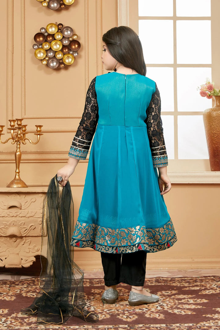 Green Embroidered Georgette Straight Kids Salwar Suit