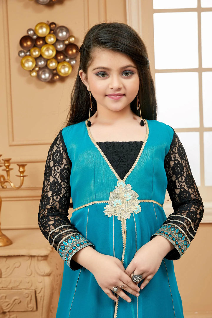 Green Embroidered Georgette Straight Kids Salwar Suit