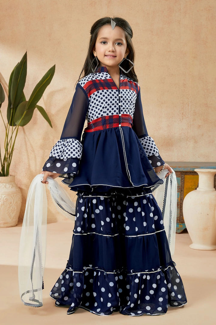 Navy Blue Embroidered Georgette Straight Kids Salwar Suit