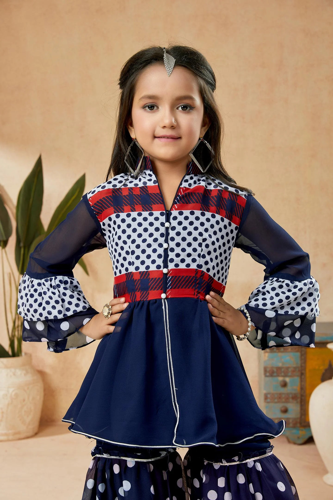 Navy Blue Embroidered Georgette Straight Kids Salwar Suit