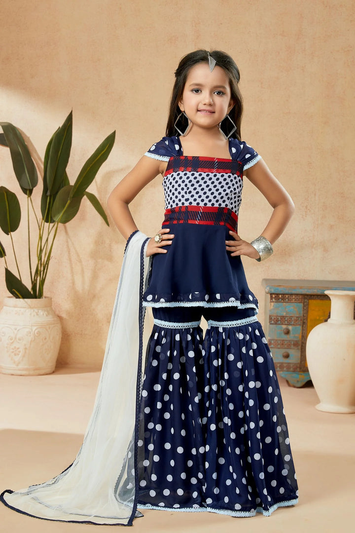 Navy Blue Embroidered Georgette Straight Kids Salwar Suit