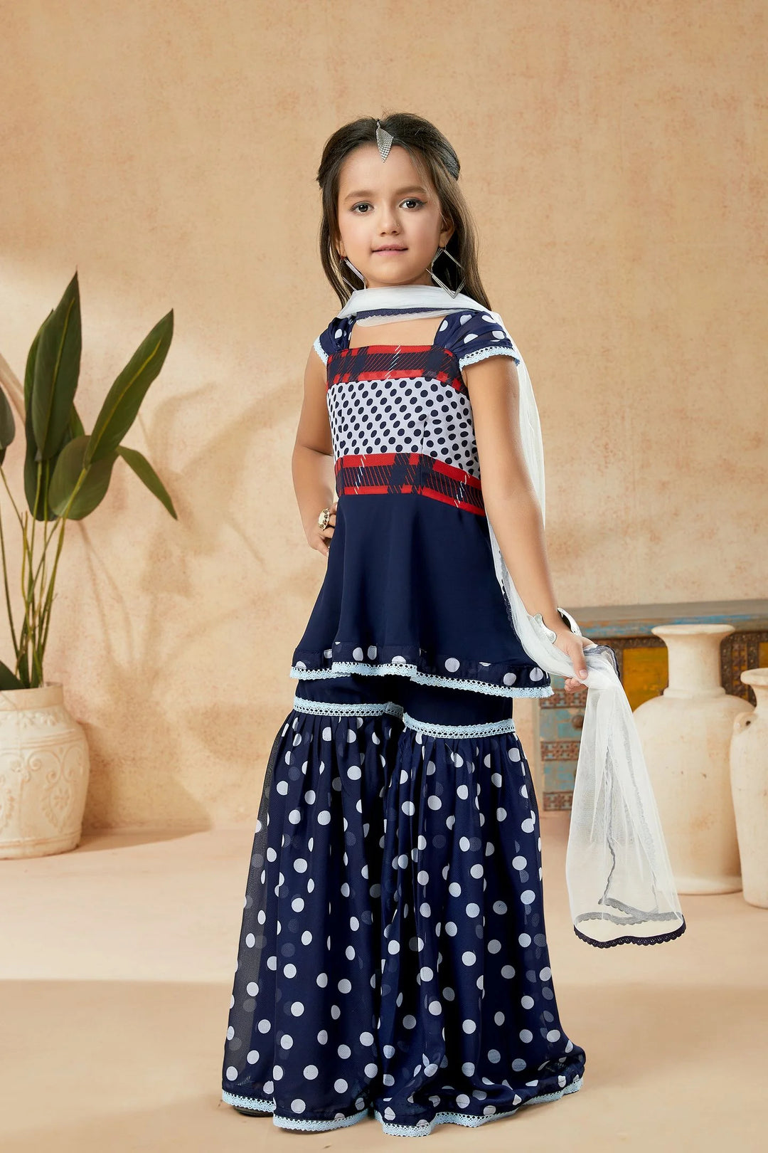 Navy Blue Embroidered Georgette Straight Kids Salwar Suit