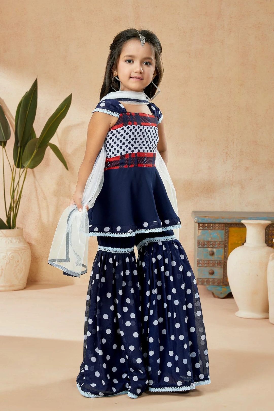 Navy Blue Embroidered Georgette Straight Kids Salwar Suit