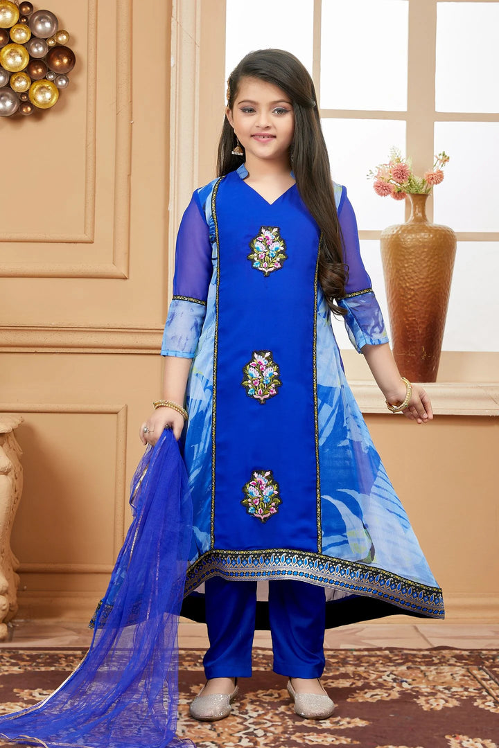 Royal Blue Embroidered Georgette Straight Kids Salwar Suit