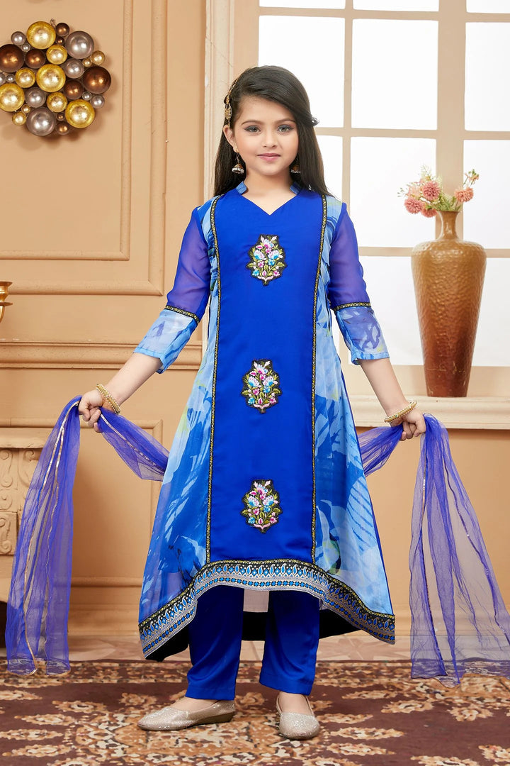 Royal Blue Embroidered Georgette Straight Kids Salwar Suit