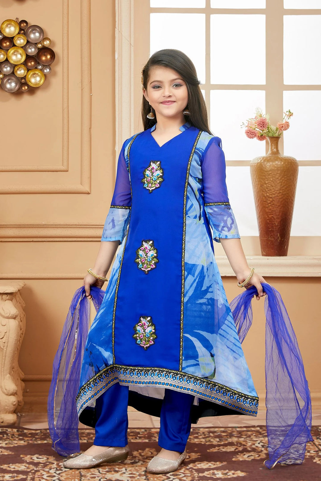 Royal Blue Embroidered Georgette Straight Kids Salwar Suit