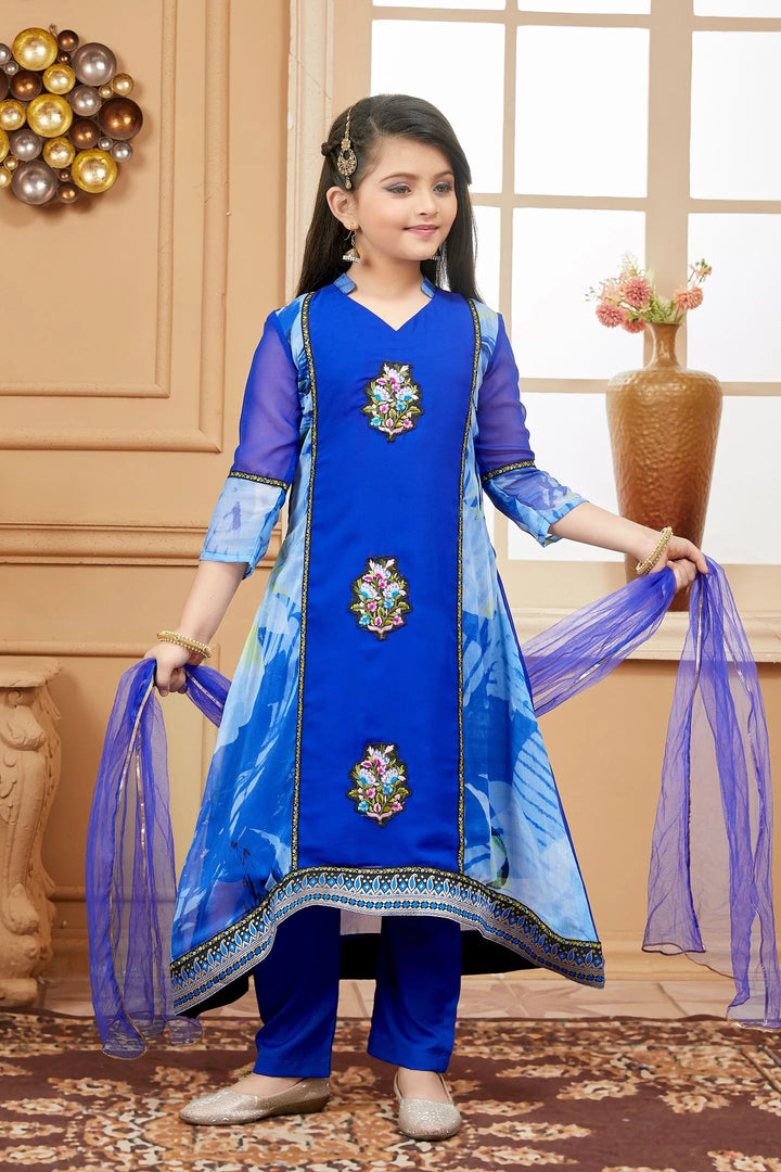 Royal Blue Embroidered Georgette Straight Kids Salwar Suit