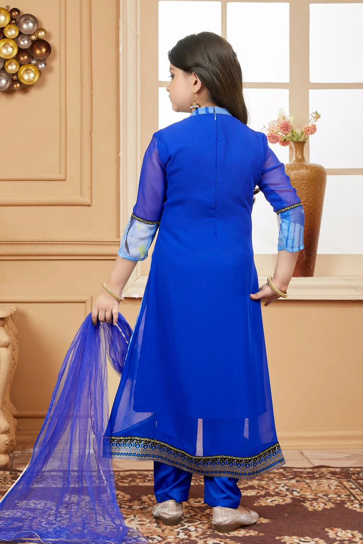 Royal Blue Embroidered Georgette Straight Kids Salwar Suit