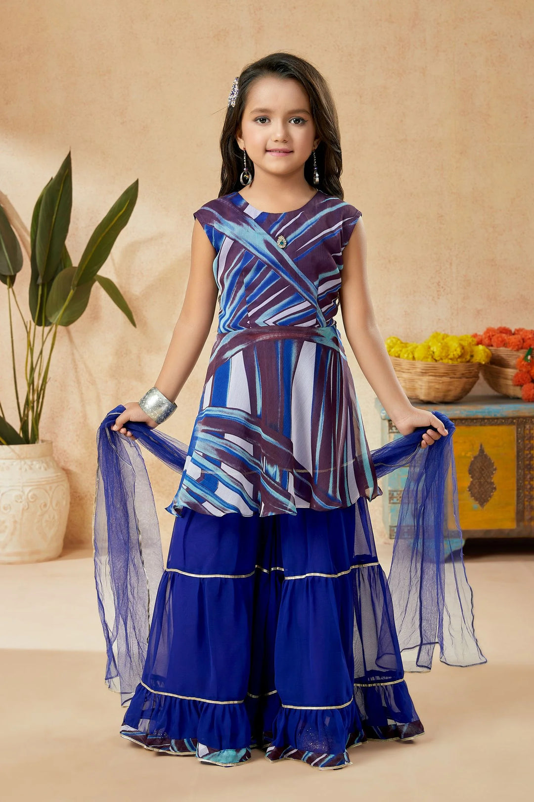 Blue Embroidered Georgette Straight Kids Salwar Suit