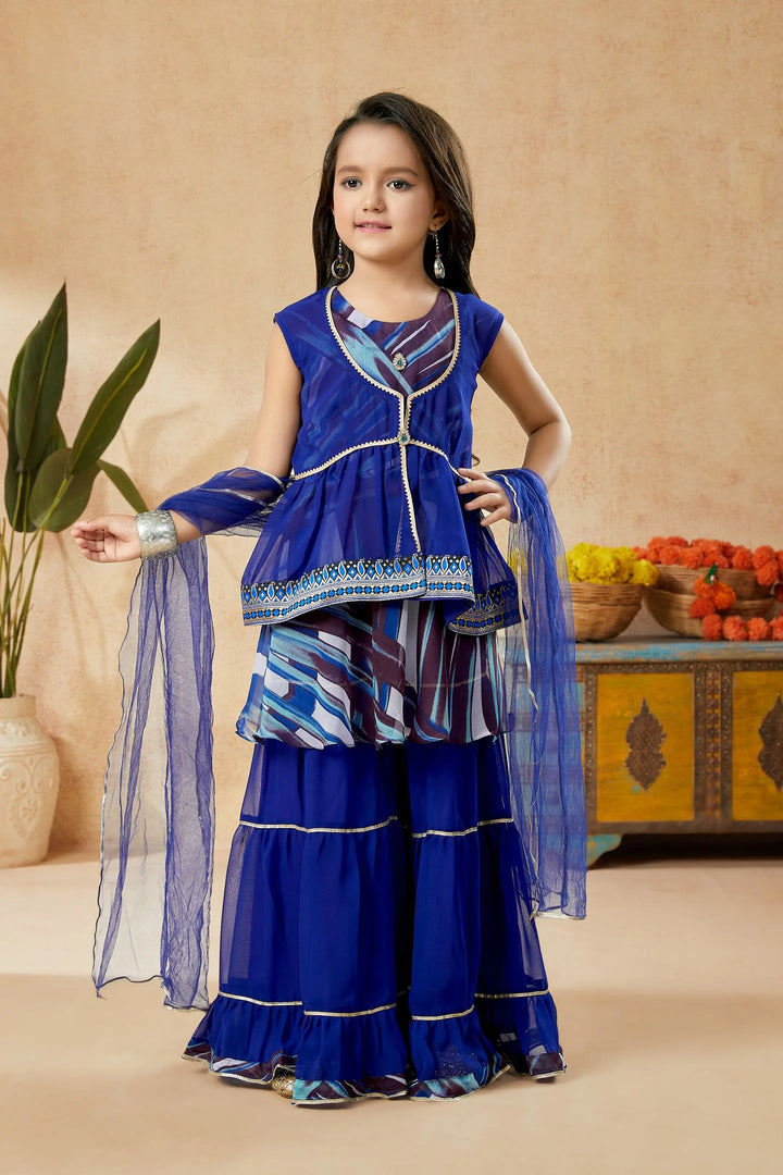 Blue Embroidered Georgette Straight Kids Salwar Suit