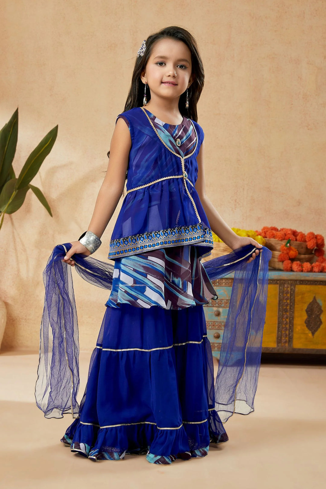 Blue Embroidered Georgette Straight Kids Salwar Suit